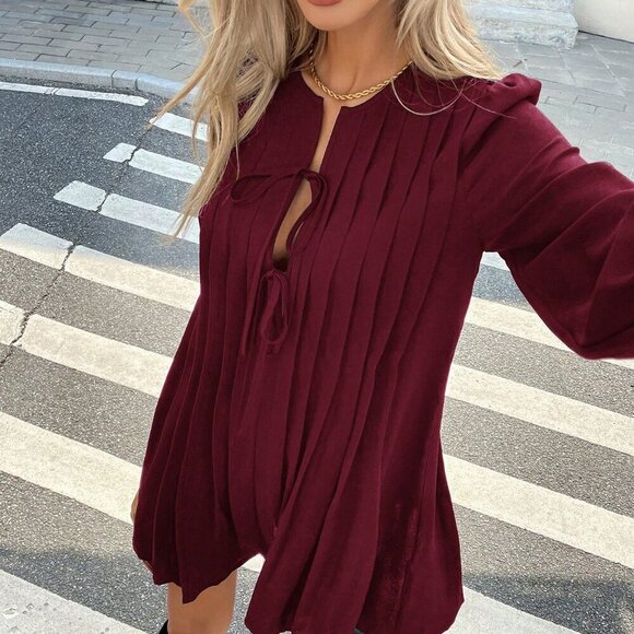 Burgundy Casual Women's Pleated long sleeved mini Dress - Picture 3 of 6